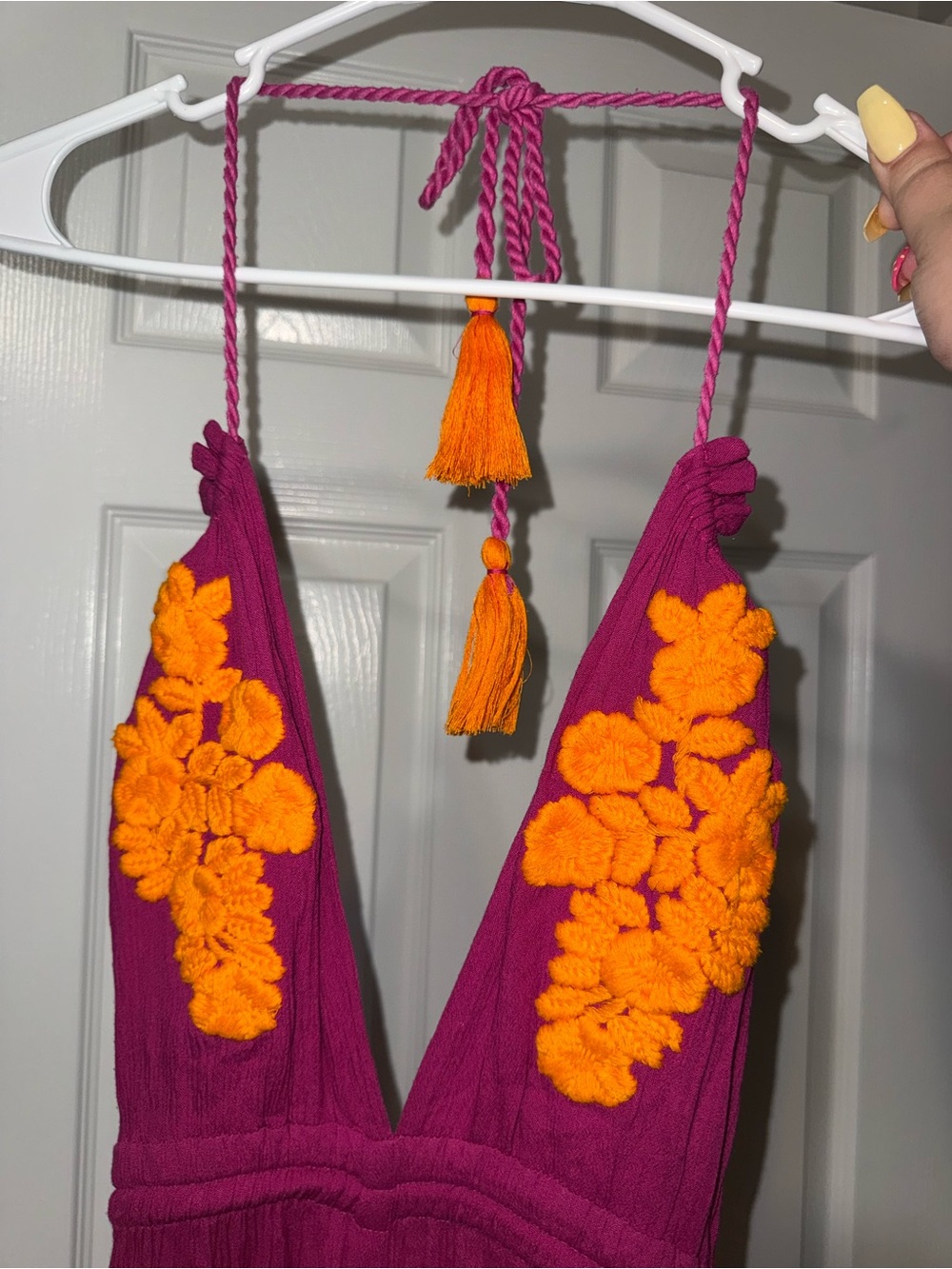 FARM Rio Vintage Fuchsia Halter Jumpsuit with Orange Floral Appliqué - Picture 6 of 8